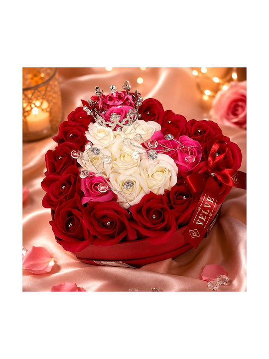 Aranjament Floral Regal 25 Trandafiri De Săpun Argintiu Coroană Regală Accesorii De Lux În Cutie În Formă De Inimă Roșu-Roz-Alb