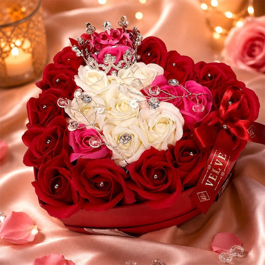 Royal Floral Arrangement 25 Soap Roses Silver Royal Crown Luxury Accessories In A Heart-shaped Box Red-pink-white