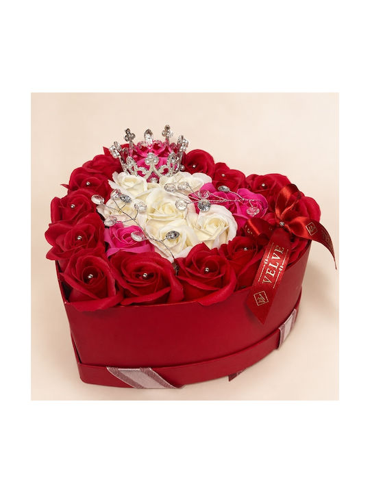 Aranjament Floral Regal 25 Trandafiri De Săpun Argintiu Coroană Regală Accesorii De Lux În Cutie În Formă De Inimă Roșu-Roz-Alb