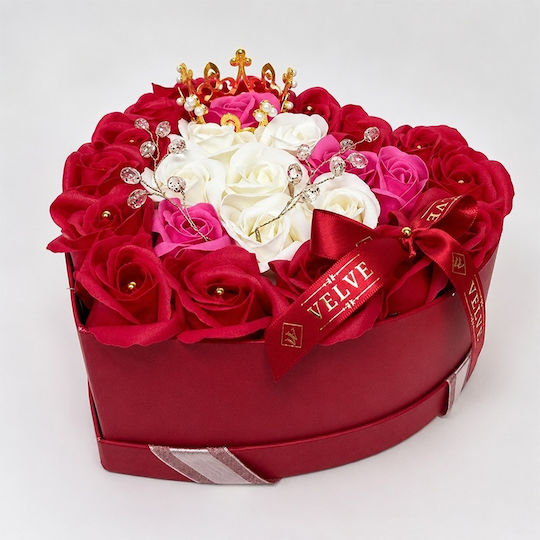Royal Floral Arrangement 25 Soap Roses Golden Royal Crown Luxury Accessories In A Heart-shaped Box Red-pink-white