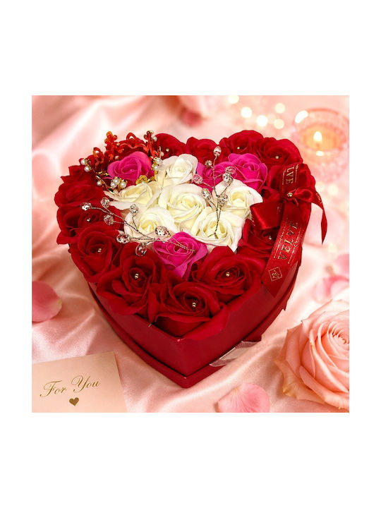 Aranjament Floral Regal 25 Trandafiri De Săpun Coroană Regală Aurie Accesorii De Lux În Cutie În Formă De Inimă Roșu-Roz-Alb