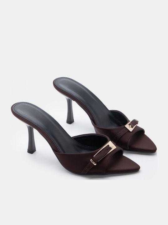 Satin Mules With High Heel In Brown Colour