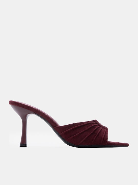 Suede Damen Pantoletten mit Hoch Absatz in Burgundischer Farbe