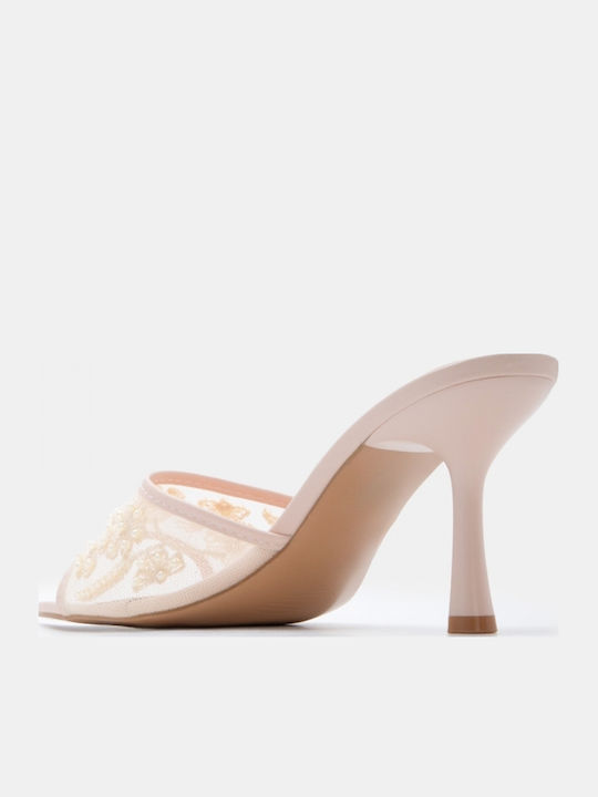 Damen Pantoletten mit Hoch Absatz in Beige Farbe