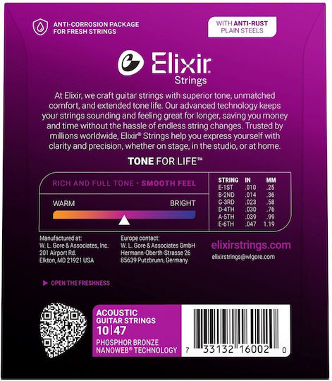 Elixir Light Σετ Χορδών Phosphor Bronze Ακουστικής Κιθάρας 10 - 47"