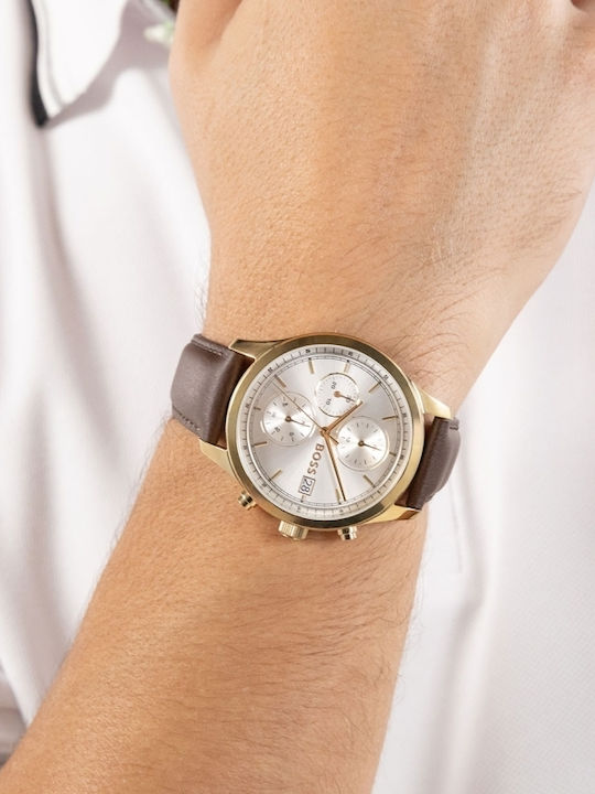 Boss Stratus Ceas Barbati 41mm Cronograf Cu Baterie Cu Curea Din Piele Maro