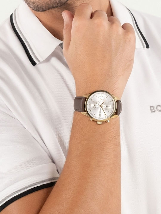 Boss Stratus Ceas Barbati 41mm Cronograf Cu Baterie Cu Curea Din Piele Maro