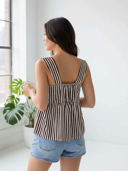 Women's Sleeveless Striped Beige and Brown Top