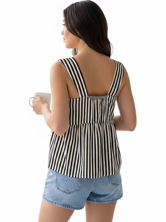 Women's Sleeveless Striped Top Black-Beige