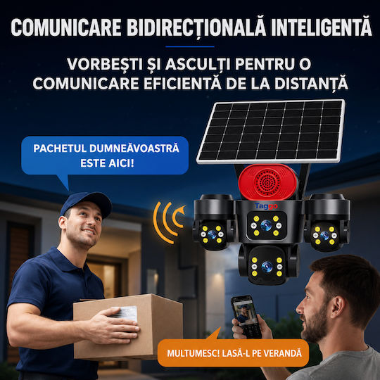 Taggo PRO-Q70 IP Cameră de Supraveghere Quad 4G 15MP Impermeabilă cu Baterie cu Comunicare Bidirecțională și Obiectiv de 1.6mm