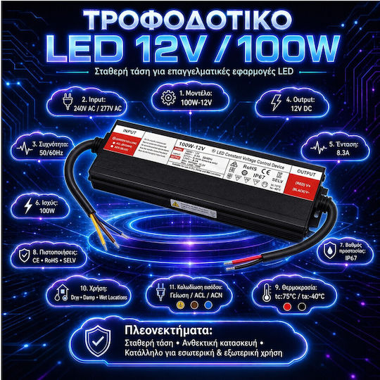 VenCore LED Power Supply Waterproof IP67 Power 100W with Output Voltage 12V