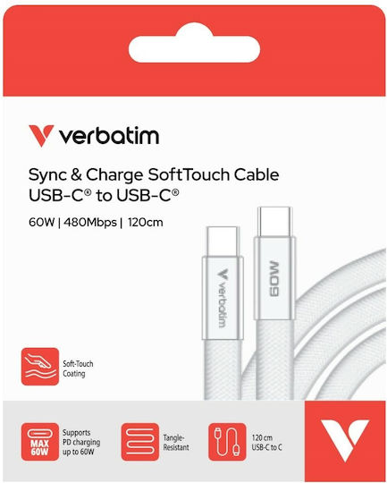 Verbatim USB 2.0 Cable USB-C Male - USB-C 60W PD White 1.2m 30274