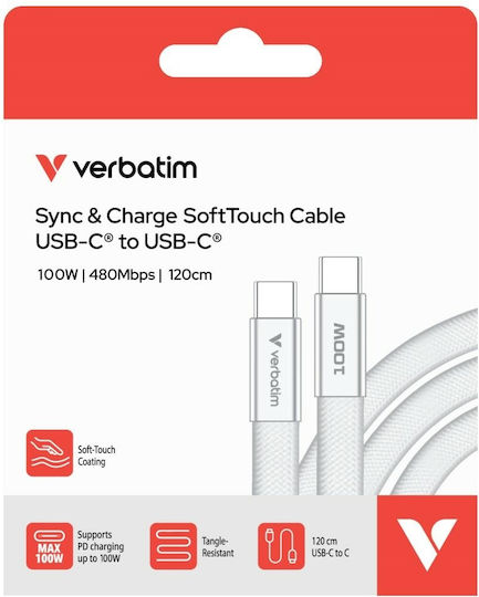 Verbatim USB 2.0 Cable USB-C Male - USB-C 100W PD White 1.2m 30277