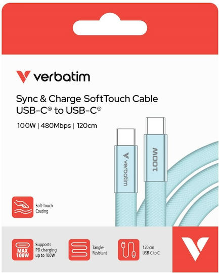 Verbatim USB 2.0 Cable USB-C Male - USB-C 100W PD Blue 1.2m 30276
