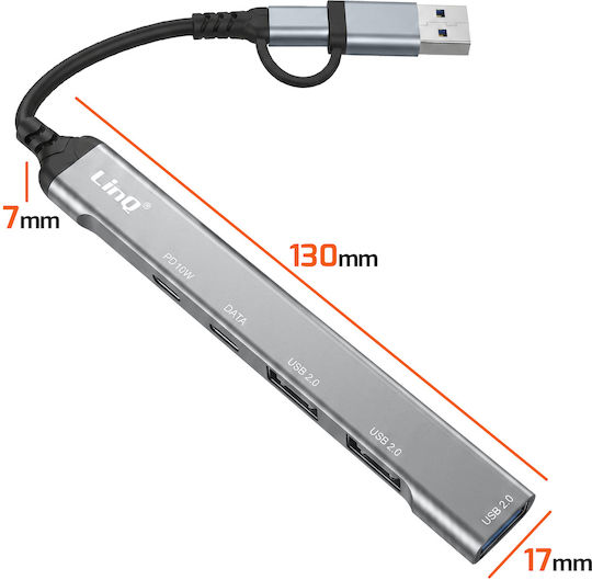 Linq Hub Usb-c Usb-a 5-in-1 To 2x Usb-c Pd 10w 3x Usb-a 480mbps Grey