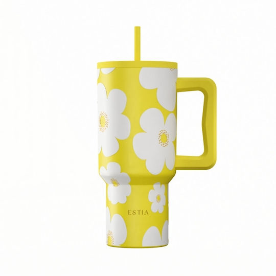 Estia Straw Tumbler XL Save The Aegean Recyclable Handled Tumbler Thermos Stainless Steel BPA Free 900ml Yellow Daisy with Straw and Handle