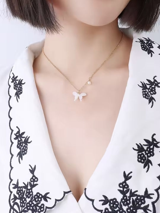 Ezera Colier Cu Design Fluture Din Oțel Plăcut Cu Aur Cu Mărgele