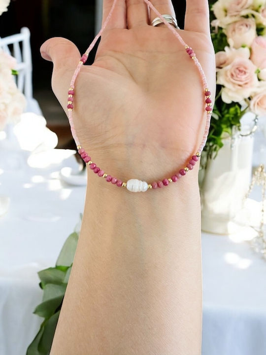 Ezera Choker Mit Herz-Design Aus Vergoldetem Silber Mit Rosafarbenen Perlen