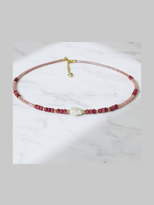 Ezera Choker Mit Herz-Design Aus Vergoldetem Silber Mit Rosafarbenen Perlen