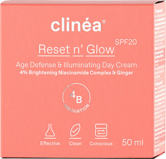 Clinea Reset n' Glow Cremă de Față de Zi cu SPF20 pentru Anti-îmbătrânire și Strălucire cu Niacinamidă și Prebiotice 50ml