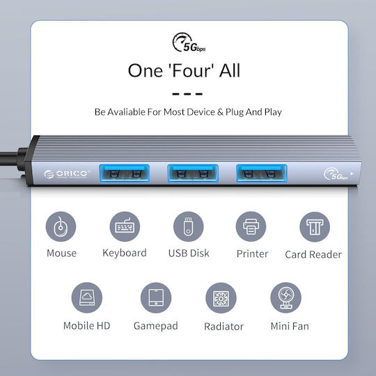 Orico USB Хъб 4 Порта USB 3.1 с USB-A Сив