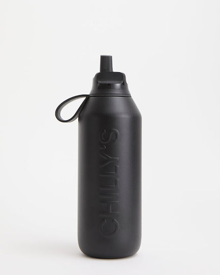 Chilly's Series 3 Flip Μπουκάλι Θερμός Ανοξείδωτο BPA Free 500ml Onyx Black με Επιστόμιο, Θηλιά και Καλαμάκι