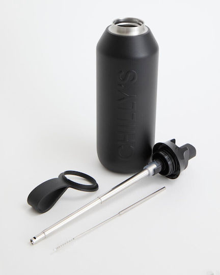 Chilly's Series 3 Flip Μπουκάλι Θερμός Ανοξείδωτο BPA Free 500ml Onyx Black με Επιστόμιο, Θηλιά και Καλαμάκι