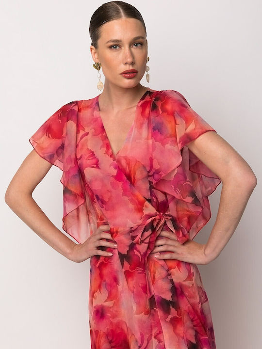 Summer Maxi Shirt Dress Wrap with Ruffles Fuchsia