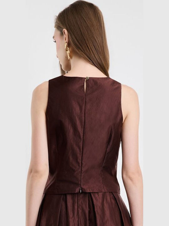 Damen Bluse Satin Ärmellose mit Ausschnitt mit Reißverschluss Braun