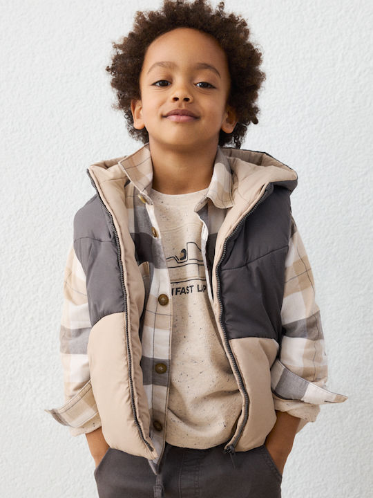 Kids Casual Sleeveless Short Hooded Jacket Beige