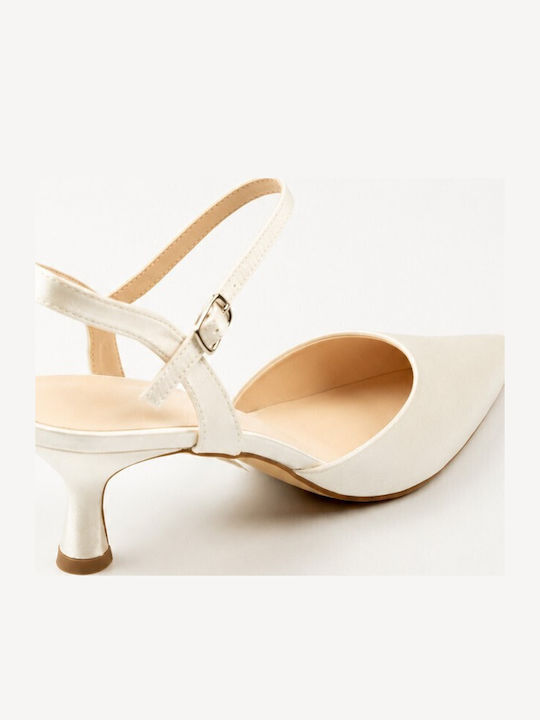 Leather Pointed Toe Heels with Strap & Thin Mid Heel White