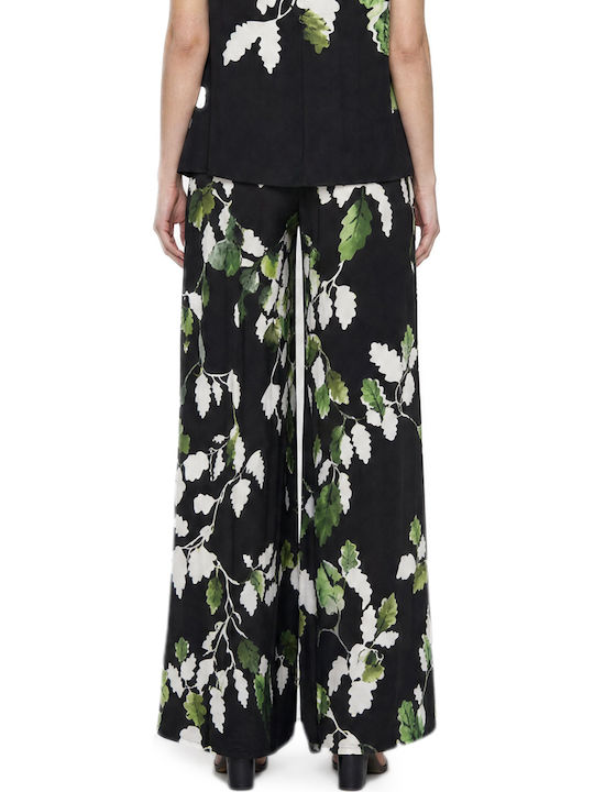Ted Baker Γυναικεία Υφασμάτινη Παντελόνα Wide Floral Λευκο- Μαυρο- Πρασινο