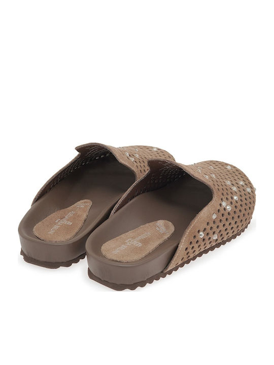 Flat Leather Mules in Brown Colour