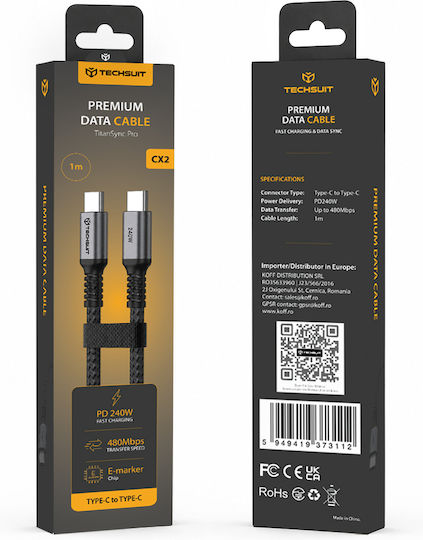 USB-C Cable in USB-C Techsuit TitanSync Pro (CX2) 240W - 480Mbps - Fast Charging - E-marker Chip 1m