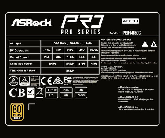 ASRock PRO-M850G 850W Black Computer Power Supply Full Modular 80 Plus Gold
