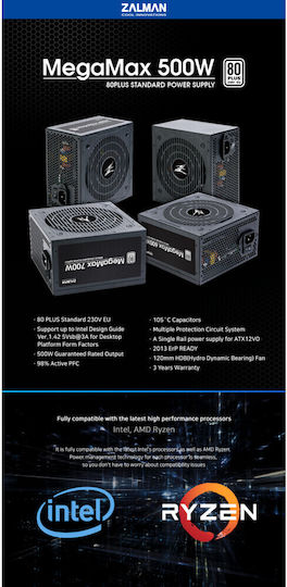 Zalman MegaMax ZM500-TXIIv2 500W Μαύρο Τροφοδοτικό Υπολογιστή Full Modular 80 Plus Standard
