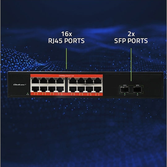 Qoltec 52364 Unmanaged L2 Switch with 16 Gigabit (1Gbps) Ethernet Ports and 2 SFP Ports
