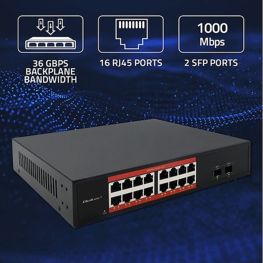 Qoltec 52364 Unmanaged L2 Switch with 16 Gigabit (1Gbps) Ethernet Ports and 2 SFP Ports