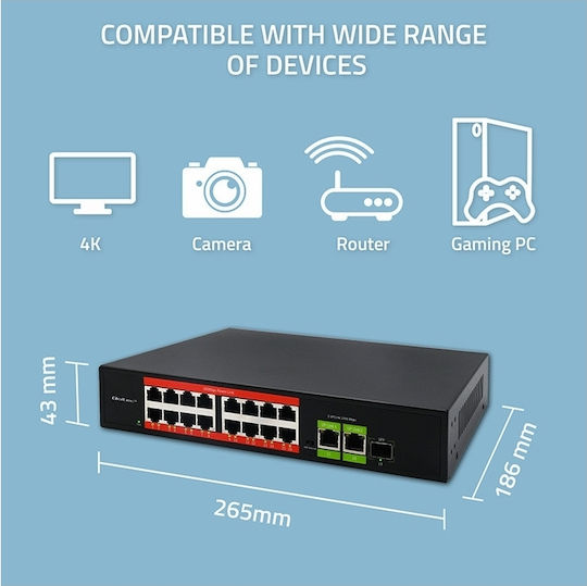 Qoltec 52291 L2 PoE Switch with 16 Ethernet Ports and 1 SFP Port