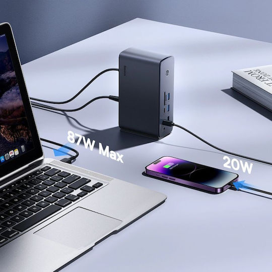 Baseus UnionJoy USB-C Докинг станция с HDMI/DisplayPort 4K PD Етърнет и свързване 2 монитора Сив