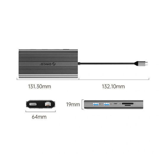 Orico XDR 12in1 USB-C Докинг станция с HDMI/DisplayPort 4K PD Ethernet Сив