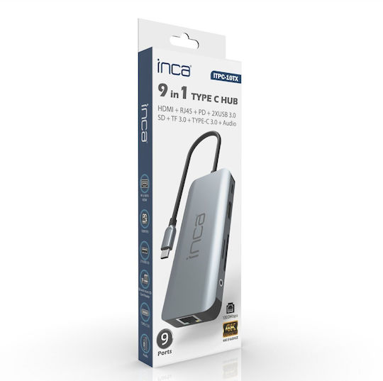 Inca USB-C Docking Station with DisplayPort 4K PD Ethernet and Support for 2 Monitors Gray (ITPC-10TX)