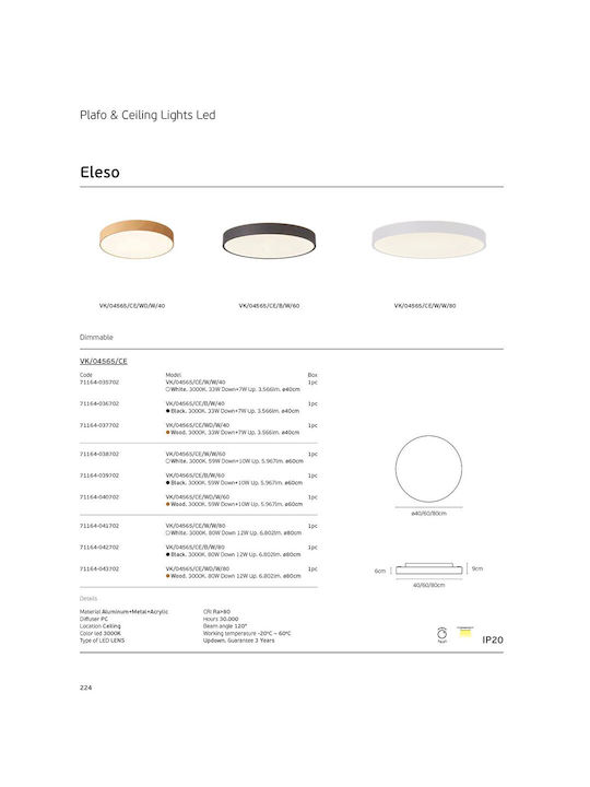 VK Lighting Deckenleuchte 60cm Weiß mit Integrierter LED