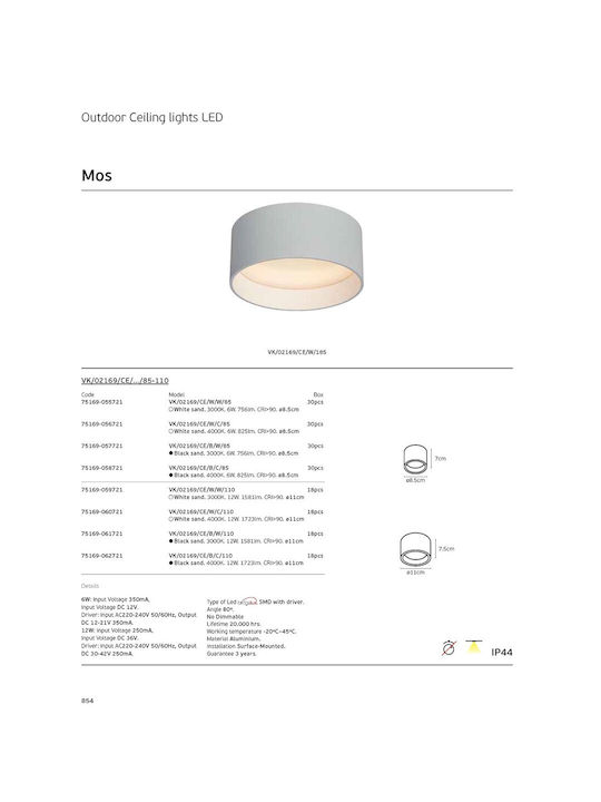 VK Lighting Ceiling Mount Light Bathroom 11cm White with Integrated LED