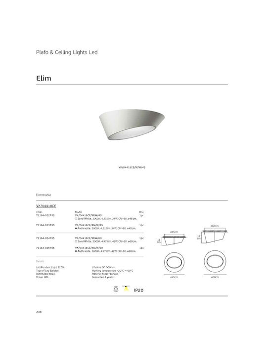 VK Lighting Ceiling Mount Light 60cm Gray with Socket GU10