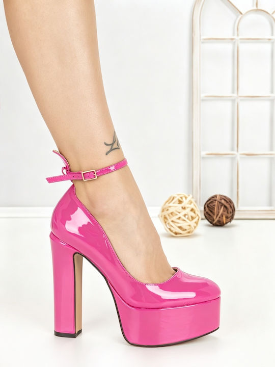 Pantofi cu Toc din Lac cu Toc Gros Înalt Fuchsia