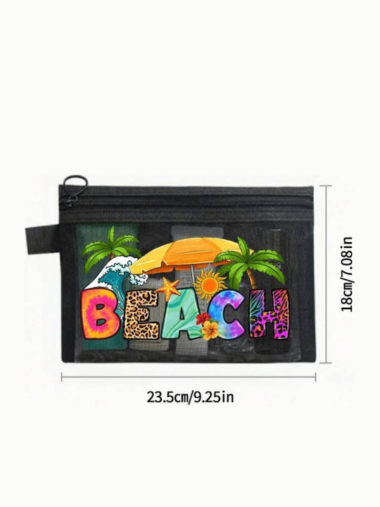 Neseser Transparent De Baie Pentru Cosmetice Cu Plasă Și Imprimeu De Vară „Beach” Negru