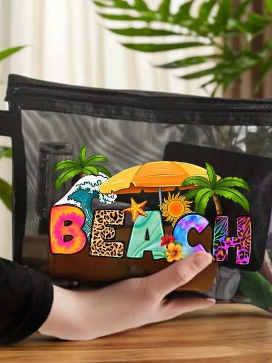 Neseser Transparent De Baie Pentru Cosmetice Cu Plasă Și Imprimeu De Vară „Beach” Negru