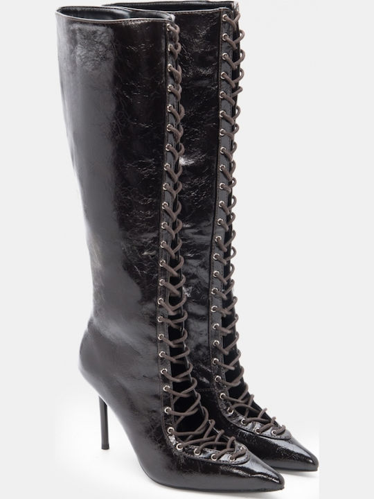Women's Boots from Patent Leather with High Heel Brown