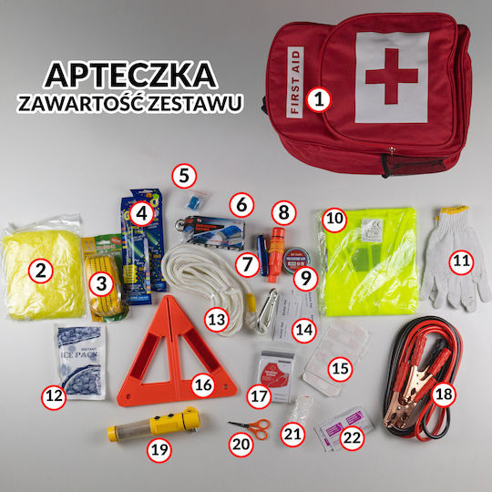 Set de urgență auto cu farmacie, vestă reflectorizantă, cabluri de pornire, frânghie de remorcare și mănuși